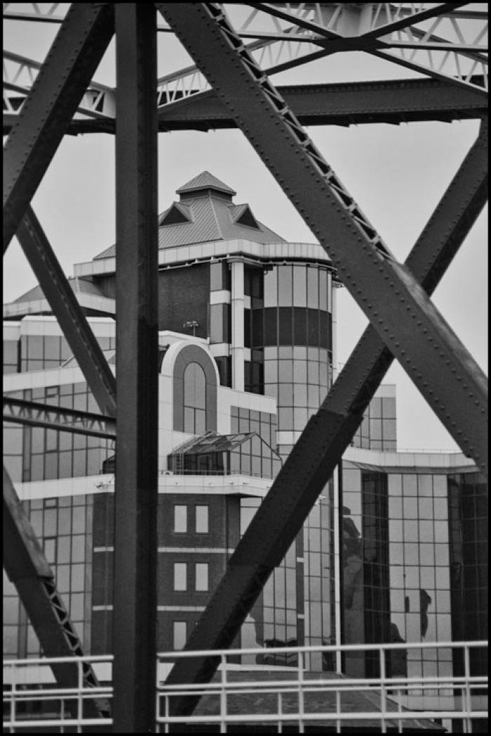 The Victoria Building framed through the Detroit Bridge, Salford Quays