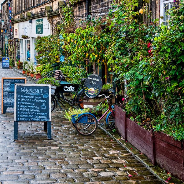 Sandwich boards and cobblestones, Haworth, West Yorkshire