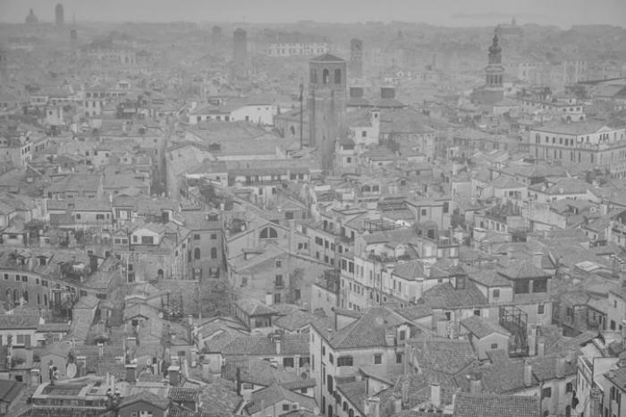 Rooftops of Venice in the mist and rain